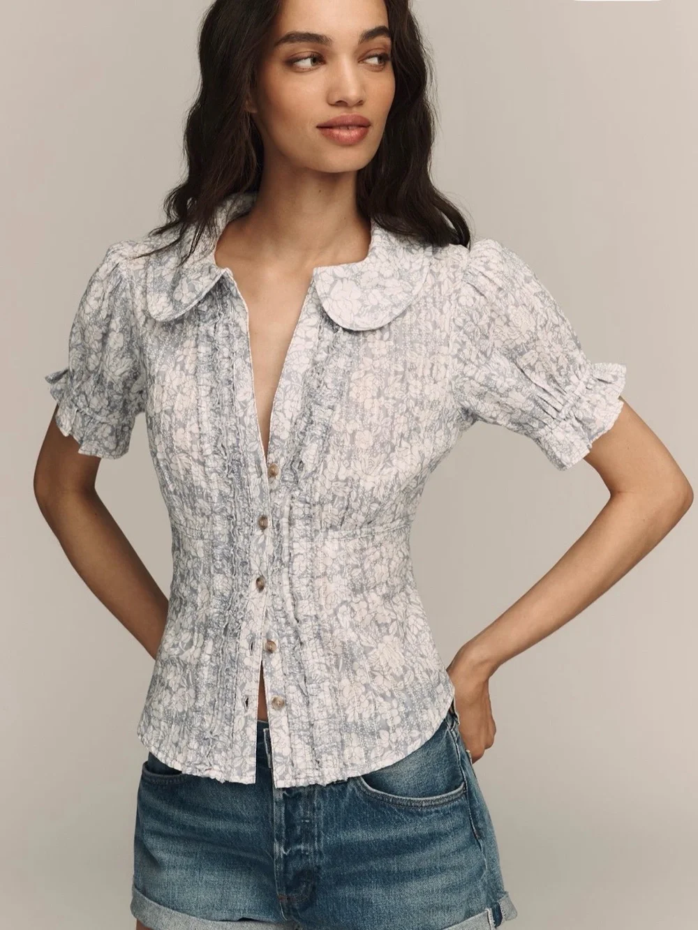 Anthropologie Pale Blue Floral Smocked Button Blouse
